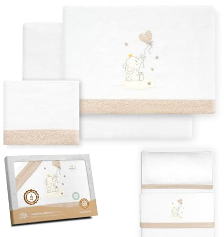 Interbaby - Juego Sabanas Minicuna 50x80 Algodón 100% | Sabana Cuna Bebe Franela, Cálida | Incluye Sabana Bajera, Encimera y Funda de Almohada | Ideal Invierno | Elefante Globo Corazón Blanco/Beige