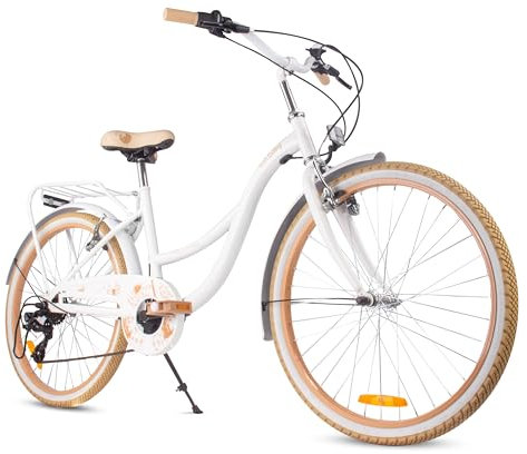 sun baby Mädchenfahrrad 24 Zoll Flower Bike Beige und Weiß, Kinderfahrrad für 8-12 jährige Mädchen mit 7-Gang, Gepäckträger, Metallkotflügel, V-Brake, Kettenschutz