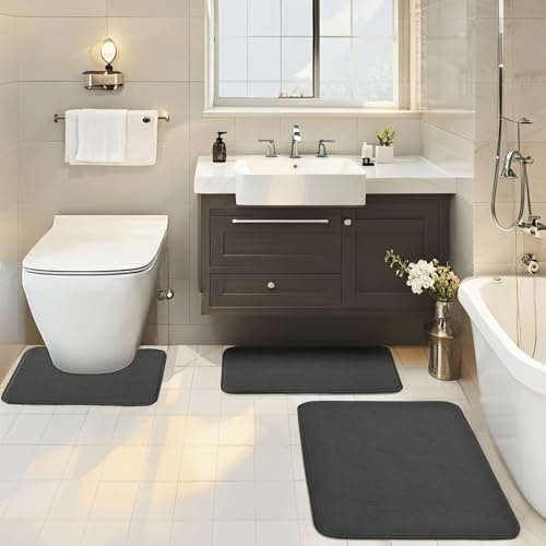 BESTORI Bathroom Rug Set 3 Piece Soft Absorbent Microfiber Bath Mats Non-Slip Comfortable Memory Foam Bath U-Shaped Toilet Rug for Tub Shower Dark Gray, 40x60cm + 50x80cm + U Shape 50x50cm