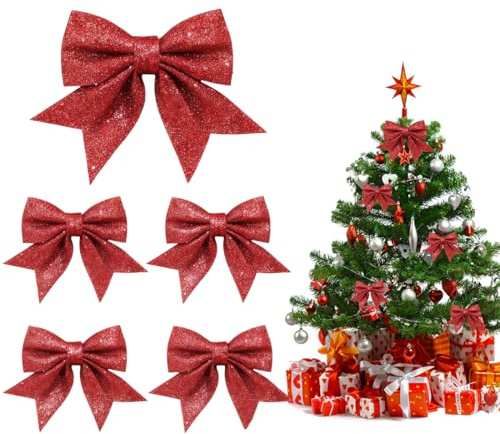 Jiounie Weihnachtsschleifen, Schleifen Weihnachtsbaum Rote, Große Weihnachtsbaumschleife, rote Schleifen Weihnachtsbaum, Perfekte Weihnachtsbaum Schleifen mit Drahtband für Baum & Türkranz (5 Stück)
