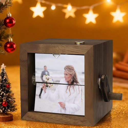 Caja de fotos mecánica giratoria personalizada, caja de fotos con manivela grabada personalizada, caja de fotos personalizada para boda, caja de historia de amor