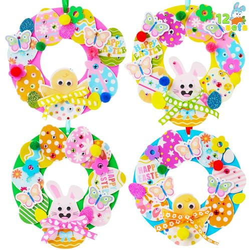 JOYIN 12 Sets Easter Wreath Signs Decorations, DIY Foam Craft Kit with Bunny, Chick & Egg Foam Stickers, Amusing Wiggle Eyes and Pom-Poms for Kids Easter Kids Activities, Party, Gift Decorations.