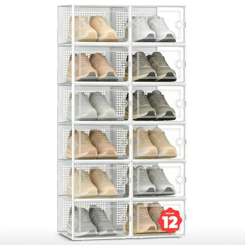 JUPPLIES Cajas de Zapatos Transparentes - Zapatero Plastico Apilable con Apertura Frontal, Ventilación y Sistema Antivuelco, Organizador de Zapatos con Montaje Fácil sin Herramientas (Pack de 12)