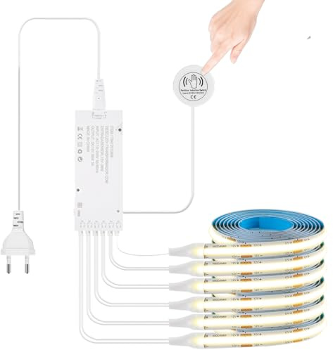 Set 6 in 1 strisce LED COB 12V, 6 pezzi da 1m luce bianca calda regolabile, comando touch e sensore gestuale nascosto, illuminazione per armadio, cucina, vetrina, scaffale e cantina vino
