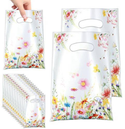 Ouligay 50PCS Plastic Wildflower Goodie Bags Reusable Party Favor Bags with Handles Spring Floral Gift Bag Wildfloral Candy Treat Bag for Baby Shower Wedding Birthday Supplies Colorful
