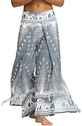 Nuofengkudu Womens Summer Split Leg Trousers Flowy Open Wide Leg Wrap Yoga Pants Loose Hippy Patterned Boho Breathable Palazzo Lightweight Ladies Lounge Bottoms Beach Holiday(Grey Peacock,S/M)