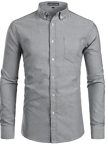 PARKLEES Men's Slim Fit Long Sleeve Smart Casual Button Down Oxford Shirts PZ111 Grey S