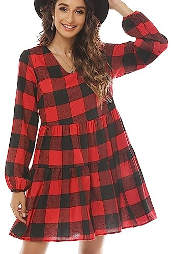 FANCYINN Vestido a Cuadros para Mujer con Manga Larga con Campana Mini Vestido con Volantes y Bolsillos Rojo y Negro M