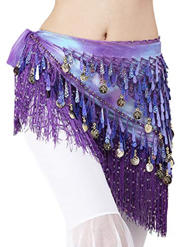 Lauthen.S Belly Dance Hip Scarf with Tassels Sequins, Triangle Coins Wrap Skirt Music Festival Clothing Purle