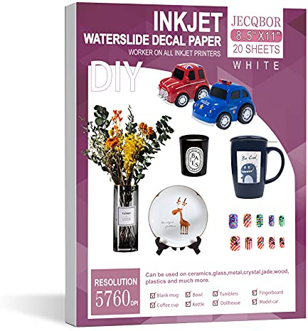 20 Sheets Waterslide Decal Paper INKJET WHITE for Dark and Light Colors, 8.5X11 Inch No Baking Water Slide Transfer Paper Printable for Tumblers,Ceramics,Plastics,Glasses,DIY