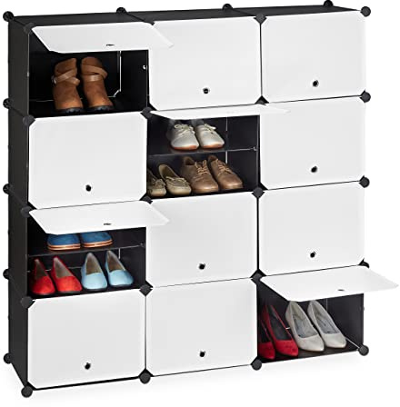 Relaxdays Mueble Zapatero Modular, Armario Organizador Zapatos, Puertas, Estantería 24 Cajones, Plástico, Blanco y Negro