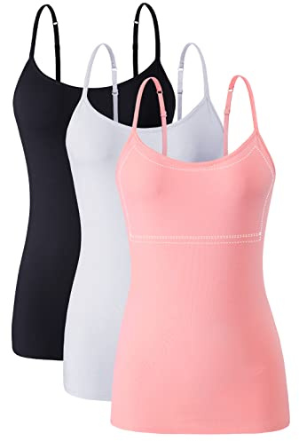 Ymmchy Women Camisoles Adjustable Strap Tank Top with Shelf Bra Cami Vest Cotton Undershirts 3 Pack Black/White/Pink L