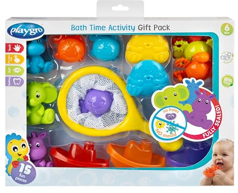 Playgro Bath Time Activity Gift Pack, 15 pièces, Coffret de Bain pour bébé, Filet de Rangement, Animaux et Bateaux, Cadeau à partir de 6 Mois