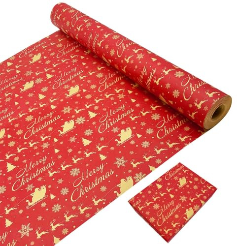 Roll Package Christmas Wrapping Paper, 43cm×20m Recyclable Kraft Gift Wrapping Paper Printed with Santa Claus and Elk Kraft Paper Roll for Christmas Birthday Wedding Gift Wrap