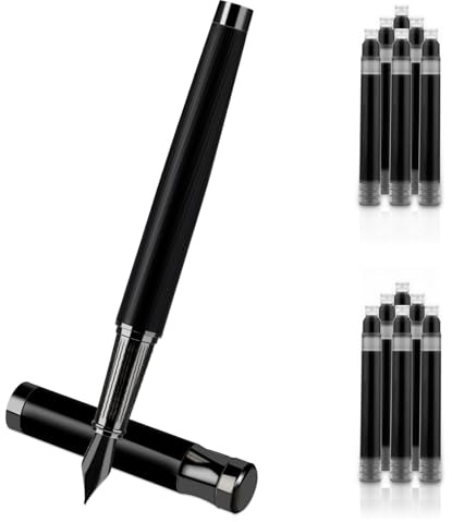 Amaxiu Luxury Metal Pen Set - Fine Nib Fountain Pen with Converter and 10 Black Ink Cartridges for Smooth Writing, Business Office Use (Black)