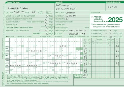20 formulär för registrering av arbets-, semester- och sjuktider för år 2025