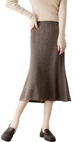 Ailaile Gonna lunga Donna Autunno Inverno 100% Lana Merino Knit Gonna Ragazza A Costine Elastico Pieghe Fishtail Gonne, Marrone moka, XL