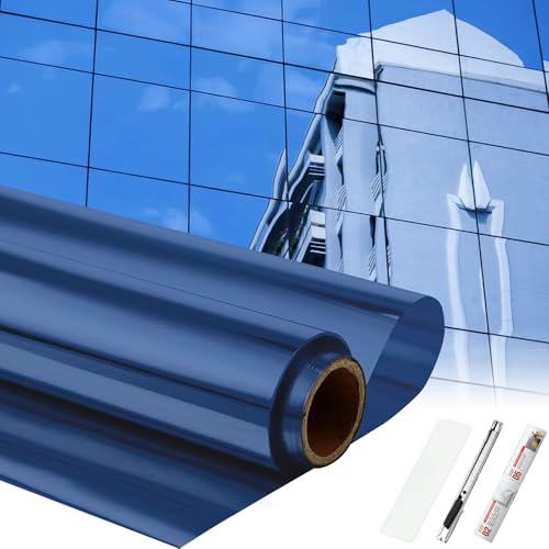 Pushglossy 35.43inchx48.21 ft One Way Privacy Window Film, Dark Blue Silver