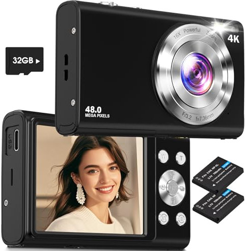 Digital Camera,Lecnippy 4K Autofocus Vlogging Camera with 32G Memory Card 16X Digital Zoom,48MP Cameras for Photography with 2.8 inch Screen for Beginners(Black)