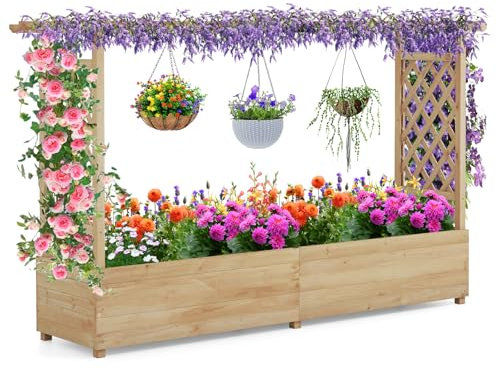 RELAX4LIFE Pflanzkasten mit Rankgitter & Dachregal, Blumenkasten mit Gartenspalier für Kletterpflanzen & Korbpflanzen, Rankkasten Holz, Blumenbeet für Balkon Terrasse (200 x 44 x 114 cm, Natur)