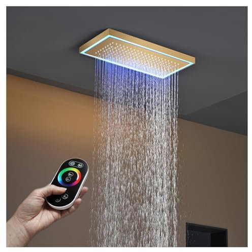 PINCHU Cabezal De Ducha LED Rectangular De 40 X 20cm Cabezal De Ducha De Techo Tipo Lluvia, Acero Inoxidable 304, con Control Remoto Y 64 Luces De Colores