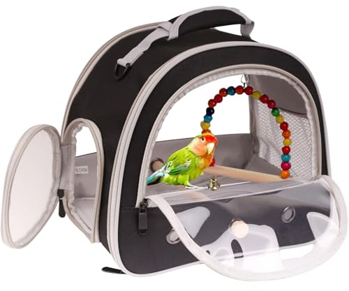 Portable Parrot Travel Cage Carrier with Small Swing Toy&Cage Colorful Toys Set Small Bird Parakeet Bag with Standing Perch Bird Carry Transport Bag (Black, Carreir/Swing)