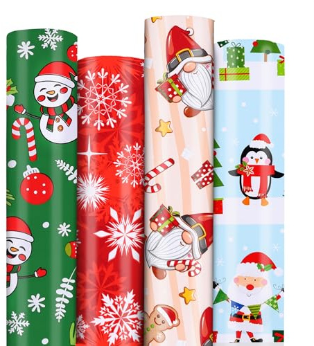 4 x 5M Christmas Wrapping Paper Roll - Mini Roll Printed with Santa Claus, Snowflakes, Snowman - Kids Christmas Wrapping Paper for Gift Boxes - 44CM width Per Roll