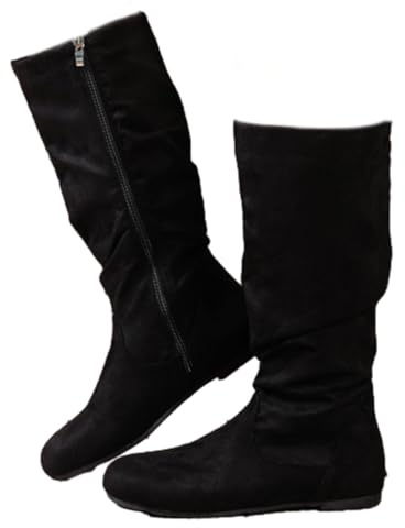 WXDTW Bottes hautes à talon bas pour femme, bottes plates antidérapantes confortables en daim avec fermeture éclair latérale pour l'automne et l'hiver, Noir , 38 EU