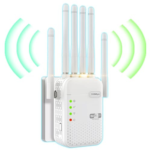 Repetidor WiFi Doble Banda 2.4 y 5GHz, Amplificador de Señal con 6 Antenas Dos Puertos Gigabit Ethernet para Paredes Gruesas y Cobertura 300㎡,- Enchufe Europeo.F