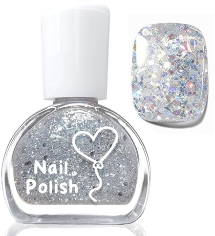 Silberner Glitzer Nagellack mit Cremiges Finish, Glossy Langanhaltend Shimmer Nail polish, Ungiftig Nagellack auf Wasserbasis, Ohne UV Lampe, Natürlicher Farblack für Frauen DIY Maniküre,10ML (Sliver)