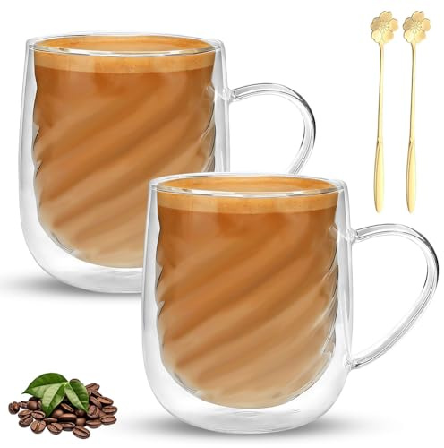 2 stycken latte macchiato-glas dubbelväggiga 350 ml, kaffeglas teglas med handtag och skedar borosilikatglas kaffekoppar glas termoglas dubbelväggiga kaffeglas för cappuccino espresso mjölk juice