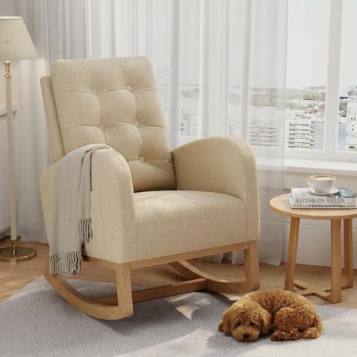 GAOMON Modern Rocking Chair for Living Room, Comfortable Recliner Rocker with Side Pocket, Soft Linen Upholstered Glider Chair for Bedroom, Nursery, Lounge-Light Brown