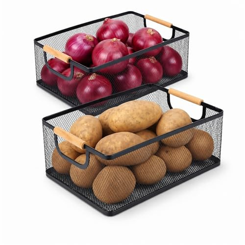 ZoeQide Juego de 2 recipientes para patatas y cebollas, cestas de alambre de metal con mango de madera, cesta de almacenamiento para cocina, cebollas, patatas, frutas, verduras y suministros