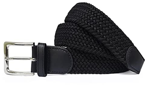 Gloop Unisex elastiskt tygbälte flätat stretchbälte stretchigt bälte för kvinnor och män bredd ca 3,5 cm, svart, total längd 135 cm