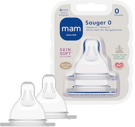 MAM Sauger 0 im Doppelpack, Flaschensauger Größe 0 (Durchflussrate langsam) speziell für Neugeborene ab der Geburt, besonders zarter Trinksauger passend für alle Flaschen