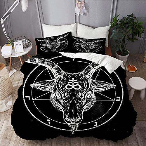 PENGTU Bettwäsche-Set, Mikrofaser,Pentagramm mit Dämon Baphomet Satanic-Ziegen-Kopf-binäres Symbol-Tätowierungs-Retro- Musik,1 Bettbezug 135 x 200cm+ 2 Kopfkissenbezug 80x80cm