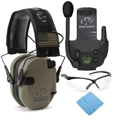 Walker's Razor Slim Electronic Shooting Muff (FDE Patriot Version) Bundle with Walkie Talkie, Shooting Glasses, and Cleaning Cloth (4 Items)