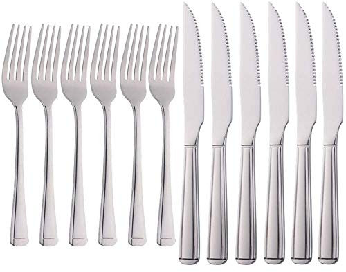 Meisha Harley Pattern Steak Knife and Fork Set, Silver Table Knife Set, 6 Steak Knives & 6 Dinner Forks, Stainless Steel Professional Serrated Steak Knives for Multipurpose (Pack of 12)