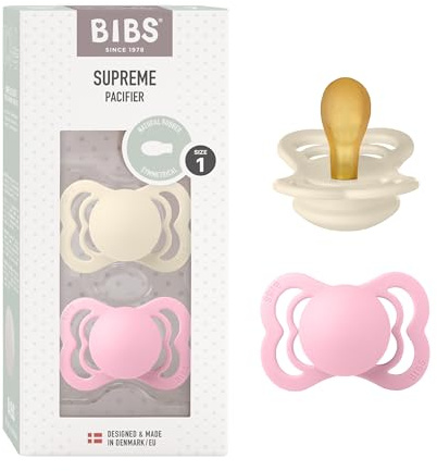 BIBS Supreme Soother 2-Pack, BPA Free Dummy Pacifier, Symmetrical Nipple. Natural Rubber Latex, Size 1 (0-6 Months), Ivory/Baby Pink
