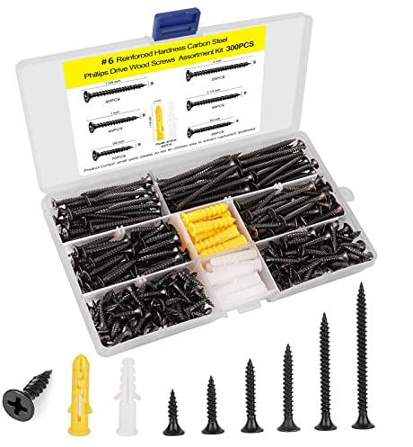 LERNOU #6 Wood Screw Assembly Kit, Phillips Drive Flat Head Self Tapping Screw Set, Kitchen Cabinet Drywall Small Screws 300 Pcs, Length 5/8 to 2, Oxide Coated Deck Black or DIY Fasteners.