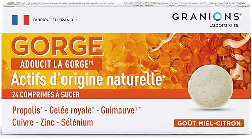 GRANIONS Gorge | Complement alimentaire | Mal de gorge, fonctionnement normal du système immunitaire | Propolis + Gelée royale + Guimauvre | Goût miel-citron | Marque FR | 24 comprimés