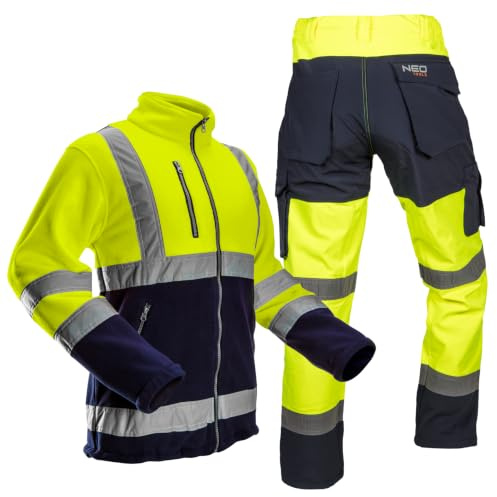 NEO TOOLS Herr vattentäta varningsskyddsarbetsbyxor softshell eller set med fleecejacka (orange/gul) | byxor vattentäta (vattenpelare 8 000 mm), varm, lätt, byxor av fleecefoder, S 3XL, Gult set