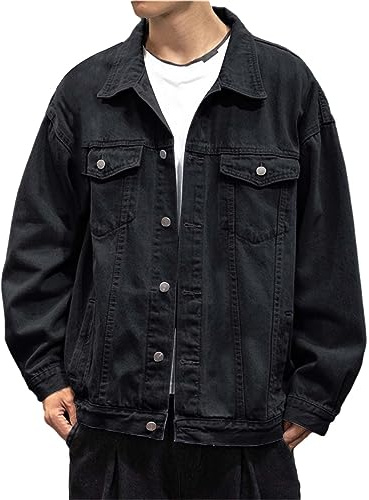 L9WEI Veste en jean pour homme, couleur unie, revers - Veste demi-saison - Veste en denim - Automne - Manches longues - Veste décontractée - Mode streetwear, Noir , 5XL