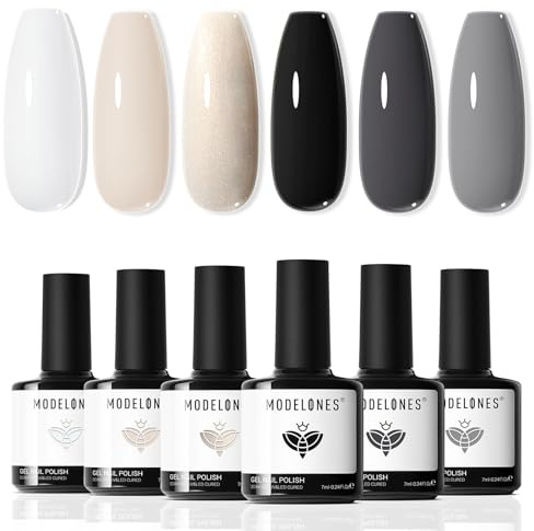 modelones UV Nagellack, Weiß Schwarz 6 Farben Gel nagellack Uv, Soak Off Natur Gel Polish Nageldesigns, UV LED Gellack für Anfänger DIY Nail Art Maniküre Salon