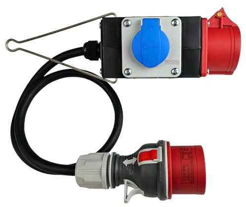 RoadEu - Stromverteiler mit CEE und Schuko Ausgängen - Baustromverteiler 32A auf 16A, 380V und 230V - Mobilverteiler, Gummikabel 3 Meter - 5-poliger CEE-Stecker und -Dose Energieverteiler