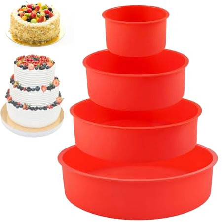 Silikon Backform Set - 4 Stück Rund für Schichtkuchen, Käsekuchen, Brote - 4/6/8/10 Zoll Antihaft Kuchenformen (Rot)