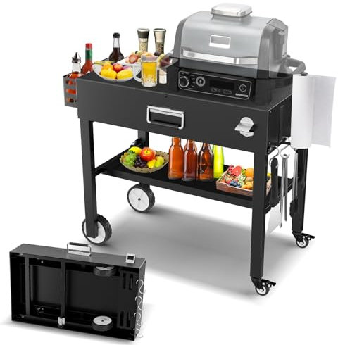 Denmay Grilltischwagen für Ninja Woodfire Outdoor Grill(OG700 Series), zusammenklappbarer Outdoor Grillständer für Ninja Woodfire, Weber Q1000, Faltbarer Outdoor-Grillwagen mit großem Platzangebot