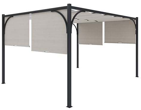 Gazebo Pergola 3x4 M Pergolato Con Tetto Scorrevole Telo Colore Beige Impermeabile Retrattile Richiudibile Struttura Nera In Acciaio Giardino Terrazzo Piscina Esterno Campeggio Design Elegante Moderno