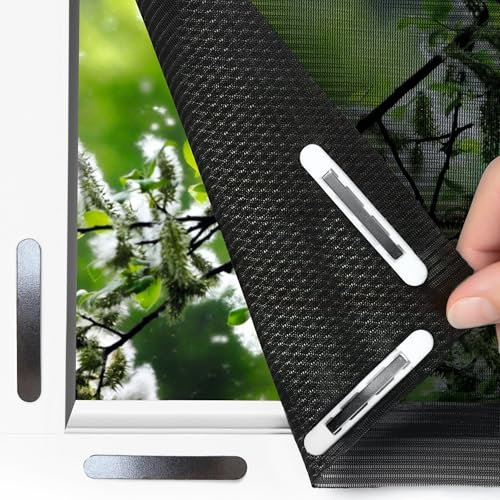 EASYmaxx Mosquitera antipolen para ventanas con Magic Click | Cortada a medida para todas las ventanas de hasta 150 x 130 cm | Fácil instalación con 12 imanes - sin taladrar ni atornillar [Negro]