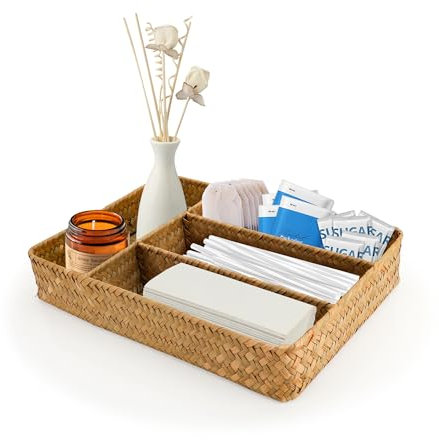 YKUKIZEE 4 Sections Rectangular Seagrass Storage Baskets, Rectangular Rattan Storage Basket Tray Handmade, Woven Wicker Storage Baskets for Shelf Bathroom Toilet Makeup Tank Top Organizer 35x25x6 cm